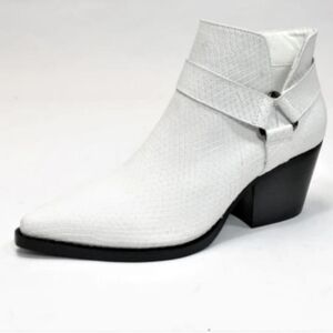 A RIDER GIRL GOLDIE SNAKE WHITE BOOTIES, SIZE 10